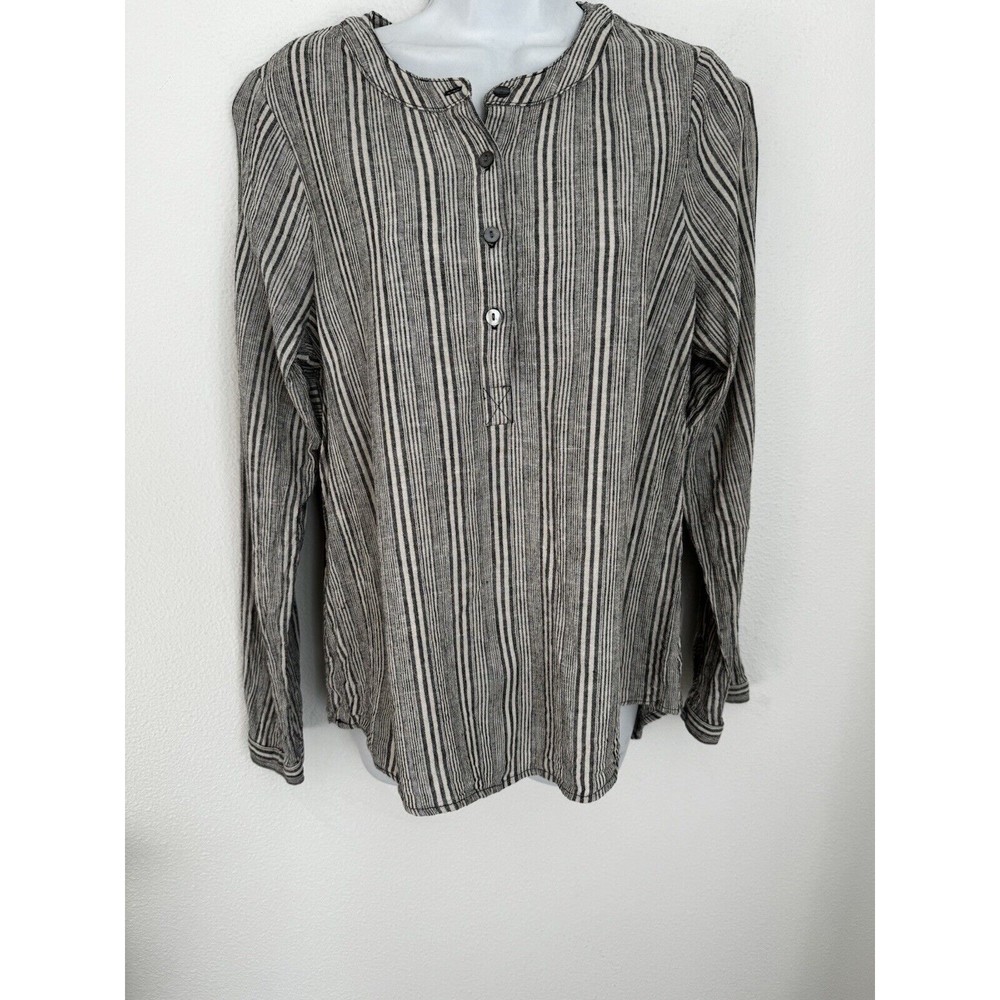 B.L.E.U. Top Women's Size L Striped Blue White Linen Rayon Blouse Peasant EUC
